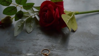 靠近乡村金属地板上的金订婚戒指珠宝。柔和的焦点浪漫的红色玫瑰花的背景。爱情提议或提议概念的情人节婚礼和假期。副本的空间。视频素材模板下载
