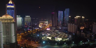 夜光青岛市区著名商场交通街道航拍全景4k中国