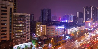长沙城市景观夜景时间照明繁忙的交通街道市中心屋顶时间推移全景4k中国