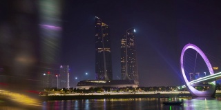 南京夜景照明著名的现代国际青年文化中心滨江公园反射延时全景4k中国