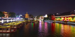 南京城市夜景照明著名老城码头游船交通时间全景4k中国