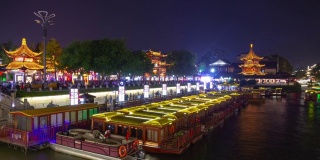 南京城市夜景时间照明著名老城河码头轮渡交通时间全景4k中国