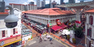 延时4K视频，游客可以在新加坡唐人街购物，顶层有闭路电视。2020年2月2日在新加坡进行安全检查。