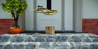 无人机在门前送包裹，3D动画
