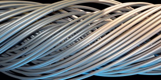 随机的光纤编织成一个大的螺旋，3d渲染。计算机生成抽象的体积背景
