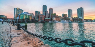 波士顿海港城市景观的时间流逝从范码头公园在马萨诸塞州，美国