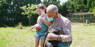 大流行期间，孙女和祖父在花园里与狗玩耍