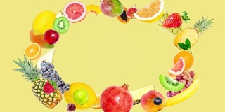 有创意的4k定格动画，许多不同的热带水果从中心出现，冻结了一会儿，并在黄色的背景上分散在不同的方向。水果爆炸。