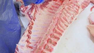 屠夫在切割车间的肉类加工厂切猪肉视频素材模板下载