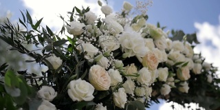 美丽的花装饰白玫瑰和绿色的花瓣。