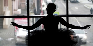 一个芭蕾舞女演员的剪影在城市的背景上跳着美丽动人的舞蹈。穿着黑色芭蕾舞裙和尖头鞋。芭蕾舞中黑天鹅的形象。缓慢的运动。