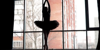 轮廓。身着黑色芭蕾舞裙的芭蕾舞女演员在城市的背景上跳舞。漂亮的芭蕾舞鞋尖。天鹅的形象。缓慢的运动。