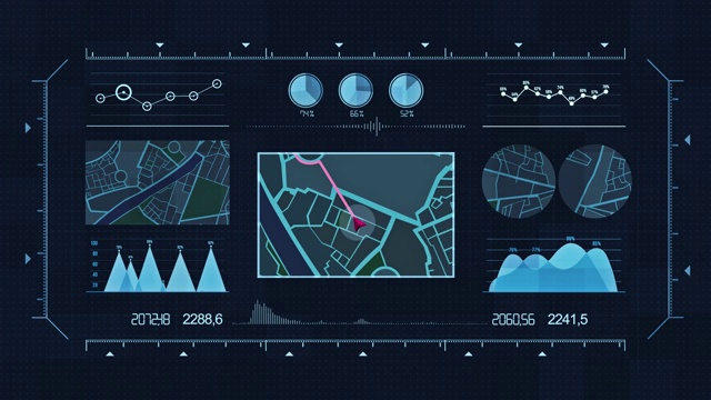 未来的多屏幕小工具面板，未来HUD全息数字城市地图，导航动画夜，导航城市地图GPS导航，定位动画夜。