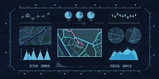 未来的多屏幕小工具面板，未来HUD全息数字城市地图，导航动画夜，导航城市地图GPS导航，定位动画夜。