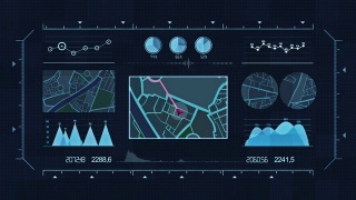 未来的多屏幕小工具面板，未来HUD全息数字城市地图，导航动画夜，导航城市地图GPS导航，定位动画夜。视频素材模板下载