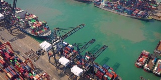 晴天香港港口货柜码头高空俯视图4k