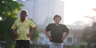 一对华裔老年夫妇在他们附近的公园里健身