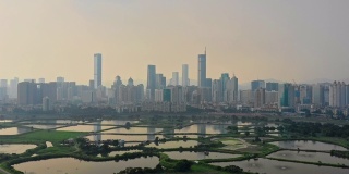 鸟瞰图，雾和全景深圳城市