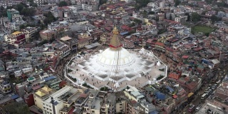 尼泊尔,加德满都。Boudhanath佛塔。航拍镜头