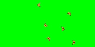 动画黑橙色的蝴蝶飞在绿色的背景。