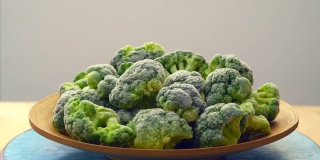 冷冻西兰花。绿花椰菜背景加冰和霜。冷冻蔬菜