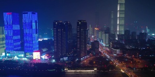 夜景照亮长沙市市中心滨江湾交通大桥街道道路航拍全景4k中国