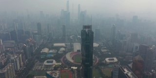 广州市白天雾霾市区体育场广场区航拍全景4k中国