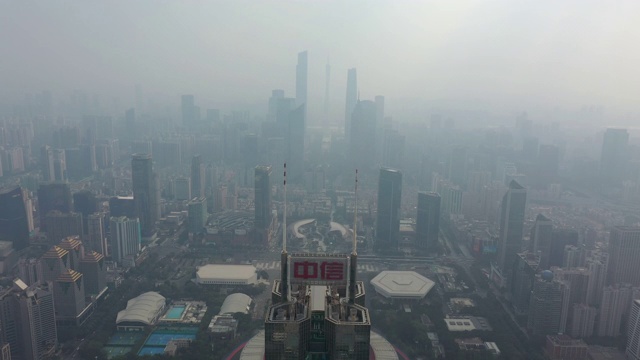 白天时间雾霾广州市市中心体育场区航拍全景4k中国