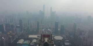 白天时间雾霾广州市市中心体育场区航拍全景4k中国