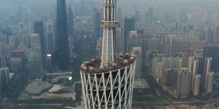 日落时分广州市中心著名塔顶视点空中全景4k中国