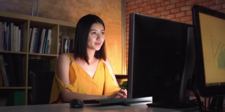 紧急，正面的亚洲美丽的年轻女商人穿着不寻常的衣服有一个聚会，但工作到深夜电脑在现代办公室。积极的工作幸福感的概念。