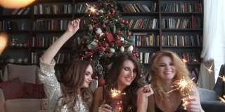 和朋友们在圣诞屋聚会。女孩们在圣诞节或新年玩得很开心。