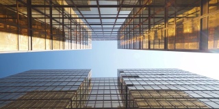 城市天际线建筑的POV视图。金融经济增长理念的现代商务区背景