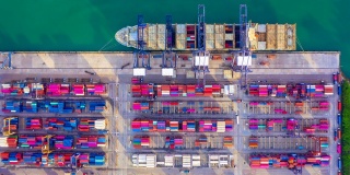 时间延时4K，鸟瞰图集装箱货轮与集装箱码头工业工作起重机桥，全球业务物流进出口货运集装箱船船舶。