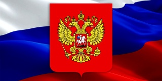俄罗斯国旗和鹰徽在风中飘扬的视频。现实的俄罗斯盾旗背景。俄罗斯国旗循环特写1080p全高清1920X1080镜头。俄罗斯克林姆林宫国家旗帜的录像为电影，新闻
