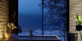 在一个下雪的夜晚，家庭浴室的大理石细节和自然景观的夜间渲染