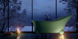 带有浴缸和雪景的家庭浴室的夜间渲染