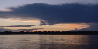 Amazon river flowing with the rainforest in the background, at dusk, Peru