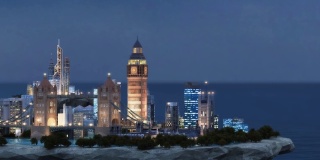 海洋上浮动岛屿上微型城市的3d动画