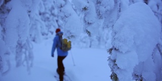 一个穿着冬衣的人在冰冻的环境中拿着滑雪板慢慢地走。采用针