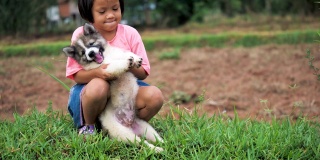小女孩和一只狗在乡下玩耍。