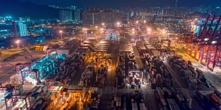 4K延时或超延时:带有香港城市景观的码头商业港口或集装箱仓库，用于商业物流、进出口、航运或运输
