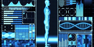 3D渲染人体和DNA双螺旋扫描分析抽象医学未来HUD显示屏幕界面