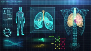 动画用户界面HUD与肋骨和肺部分析背景下的医疗技术网络未来概念视频素材模板下载