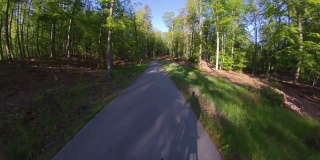 在柏油路上骑自行车在森林在晴天广角POV