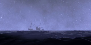 渔船在波涛汹涌的海面上与雷雨搏斗