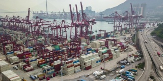 航拍香港葵青货柜码头无人驾驶飞机