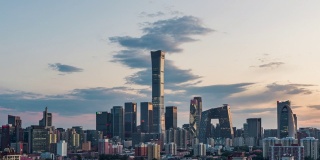 T/L ZO鸟瞰图北京天际和市中心在日落/北京，中国