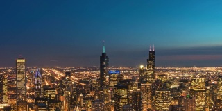 时间流逝的芝加哥城市景观，从白天到夜晚，伊利诺伊州，美国