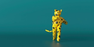 3d黄色豹子与黑色斑点孤立在绿色背景。快乐的卡通人物，有趣的吉祥物，充气猫玩具派对舞蹈循环动画，现代最小无缝运动设计